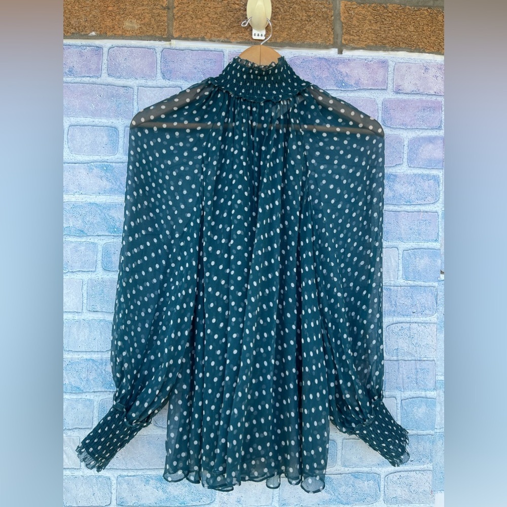 ZIMMERMANN EMERALD GREEN SILK POLKA DOT BLOUSE sz 0